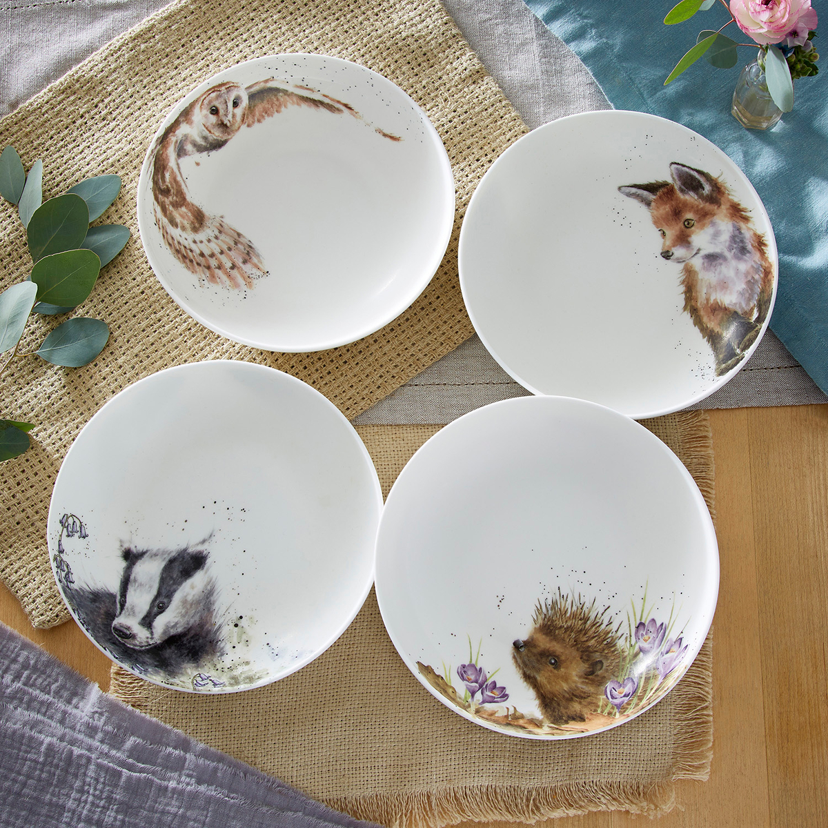 Wrendale Designs Pasta Bowls S/4 Assorted. Badger, Hedgehog, Fox, Owl image number null